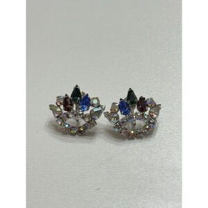 Aurora Borealis Crown Vintage Earrings Gold Tone Unsigned Screw Back‎